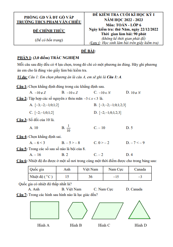 Đề cuối kì 1 Toán 6 năm 2022 – 2023 trường THCS Phạm Văn Chiêu – TP HCM
