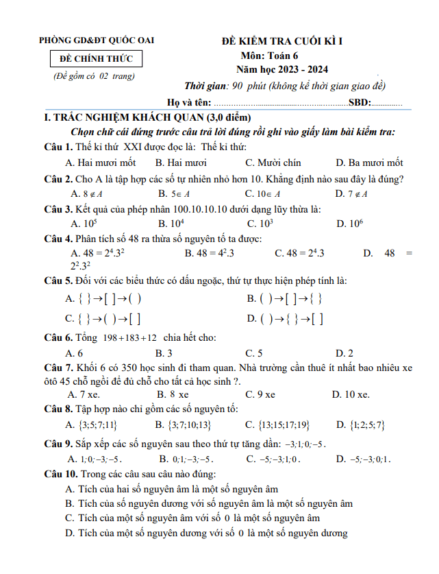 Đề cuối kì 1 Toán 6 năm 2023 – 2024 phòng GD&ĐT Quốc Oai – Hà Nội