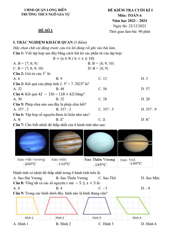 Đề cuối kì 1 Toán 6 năm 2023 – 2024 trường THCS Ngô Gia Tự – Hà Nội