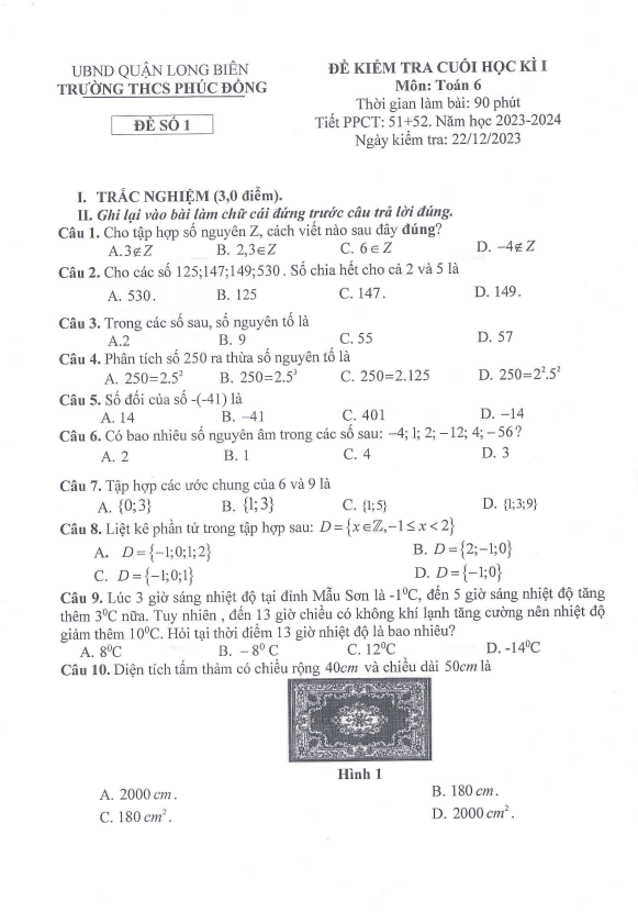 Đề cuối kì 1 Toán 6 năm 2023 – 2024 trường THCS Phúc Đồng – Hà Nội