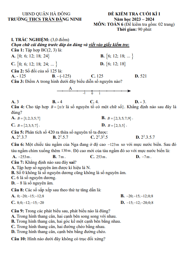 Đề cuối kì 1 Toán 6 năm 2023 – 2024 trường THCS Trần Đăng Ninh – Hà Nội