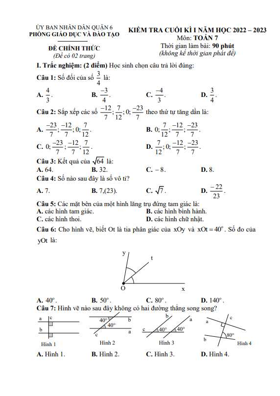 Đề cuối kì 1 Toán 7 năm 2022 – 2023 phòng GD&ĐT Quận 6 – TP HCM