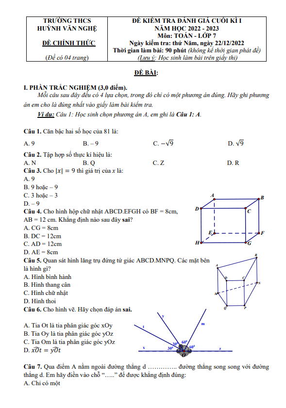 Đề cuối kì 1 Toán 7 năm 2022 – 2023 trường THCS Huỳnh Văn Nghệ – TP HCM