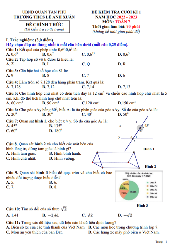 Đề cuối kì 1 Toán 7 năm 2022 – 2023 trường THCS Lê Anh Xuân – TP HCM