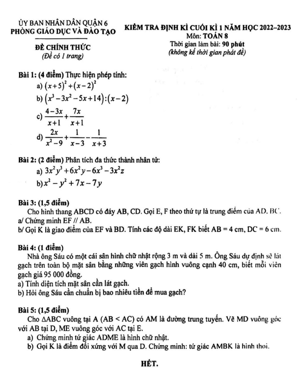 Đề cuối kì 1 Toán 8 năm 2022 – 2023 phòng GD&ĐT Quận 6 – TP HCM