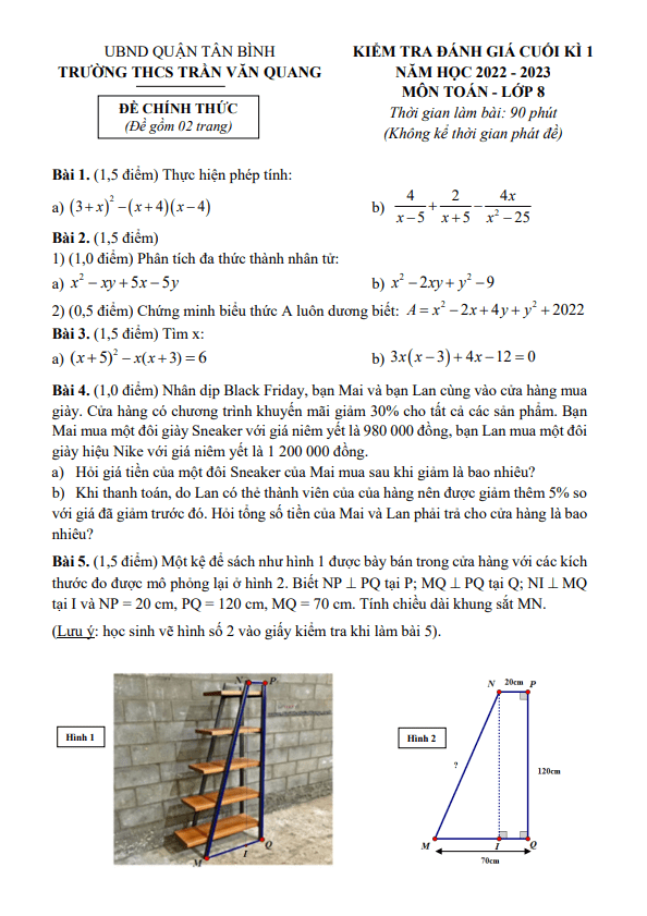 Đề cuối kì 1 Toán 8 năm 2022 – 2023 trường THCS Trần Văn Quang – TP HCM