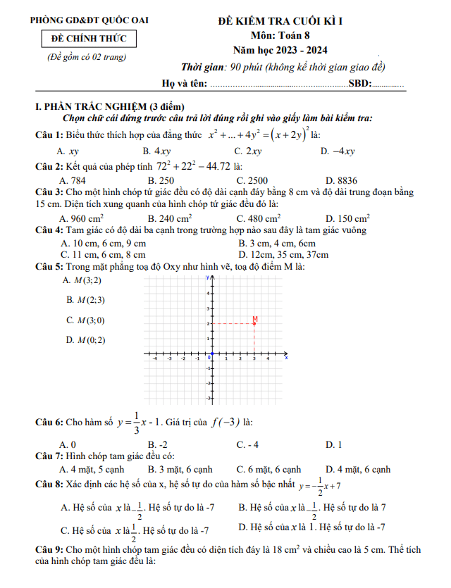 Đề cuối kì 1 Toán 8 năm 2023 – 2024 phòng GD&ĐT Quốc Oai – Hà Nội