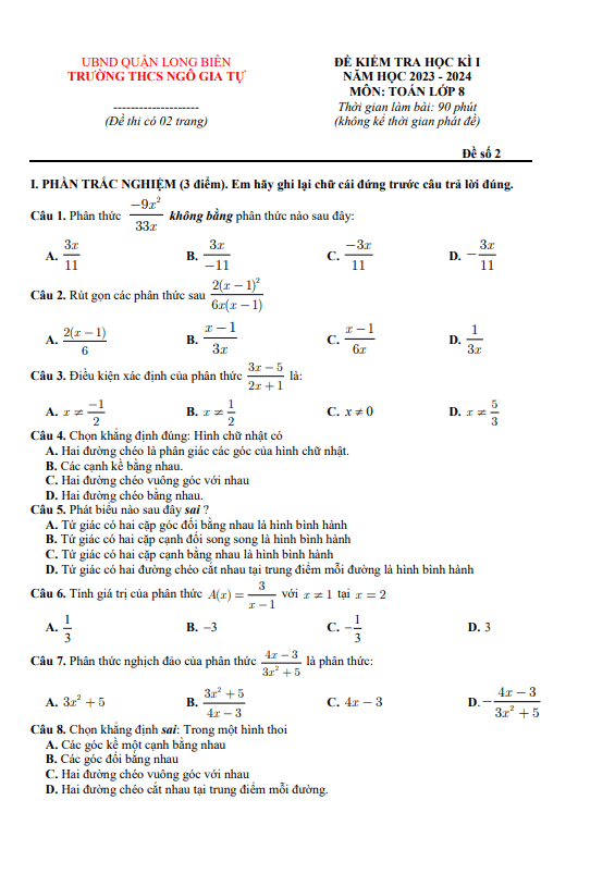 Đề cuối kì 1 Toán 8 năm 2023 – 2024 trường THCS Ngô Gia Tự – Hà Nội