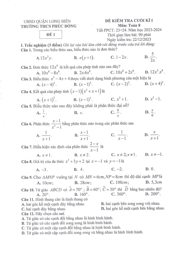 Đề cuối kì 1 Toán 8 năm 2023 – 2024 trường THCS Phúc Đồng – Hà Nội