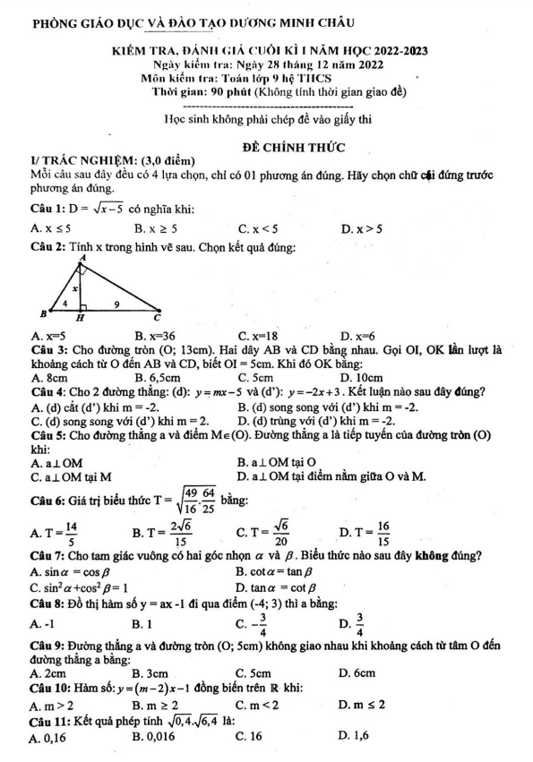 Đề cuối kì 1 Toán 9 năm 2022 – 2023 phòng GD&ĐT Dương Minh Châu – Tây Ninh
