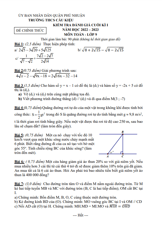 Đề cuối kì 1 Toán 9 năm 2022 – 2023 trường THCS Cầu Kiệu – TP HCM
