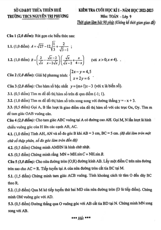 Đề cuối kì 1 Toán 9 năm 2022 – 2023 trường THCS Nguyễn Tri Phương – TT Huế