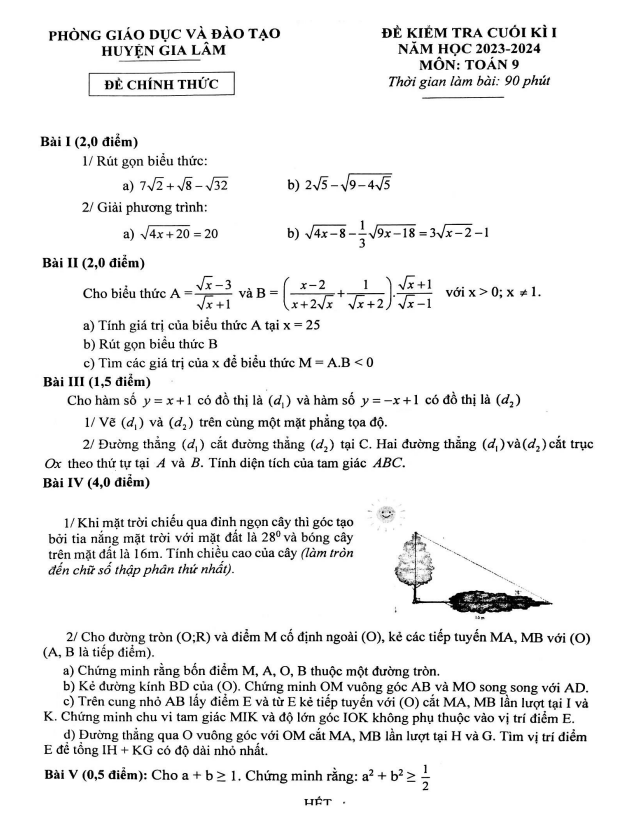 Đề cuối kì 1 Toán 9 năm 2023 – 2024 phòng GD&ĐT Gia Lâm – Hà Nội