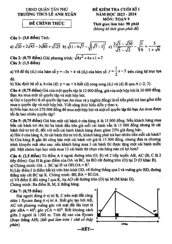 Đề cuối kì 1 Toán 9 năm 2023 – 2024 trường THCS Lê Anh Xuân – TP HCM