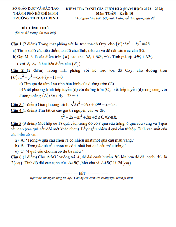 Đề cuối kì 2 Toán 10 năm 2022 – 2023 trường THPT Gia Định – TP HCM