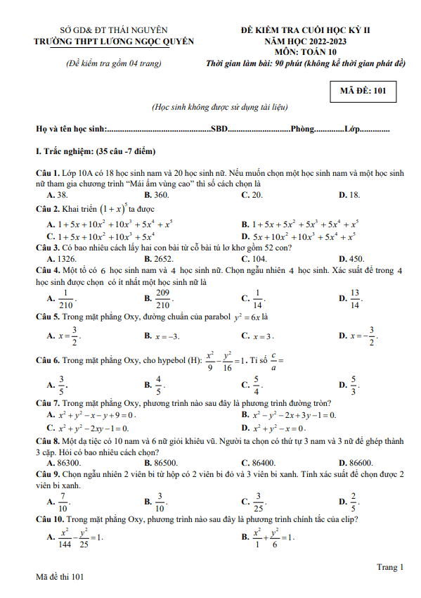 Đề cuối kì 2 Toán 10 năm 2022 – 2023 trường THPT Lương Ngọc Quyến – Thái Nguyên