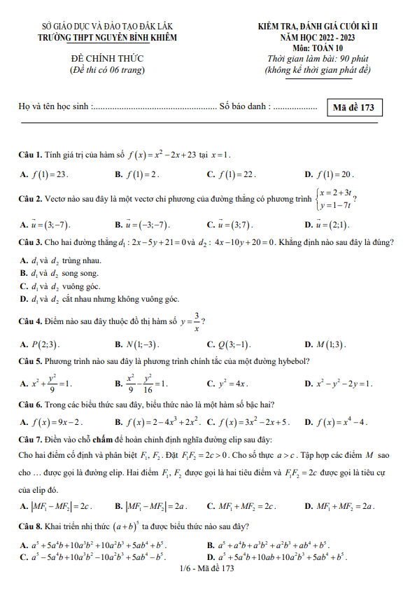Đề cuối kì 2 Toán 10 năm 2022 – 2023 trường THPT Nguyễn Bỉnh Khiêm – Đắk Lắk