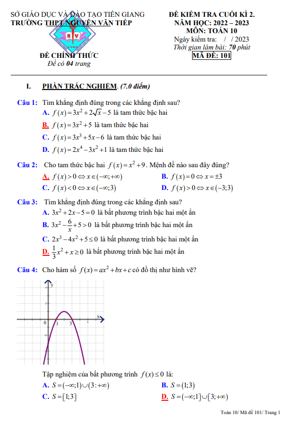 Đề cuối kì 2 Toán 10 năm 2022 – 2023 trường THPT Nguyễn Văn Tiếp – Tiền Giang