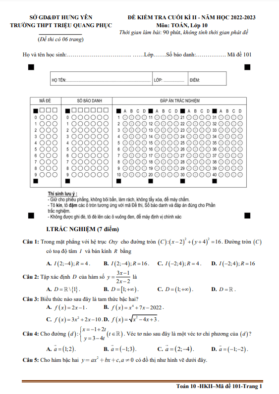 Đề cuối kì 2 Toán 10 năm 2022 – 2023 trường THPT Triệu Quang Phục – Hưng Yên