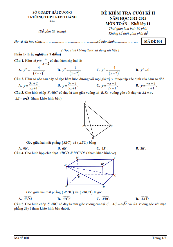 Đề cuối kì 2 Toán 11 năm 2022 – 2023 trường THPT Kim Thành – Hải Dương