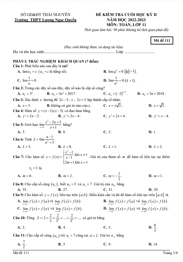 Đề cuối kì 2 Toán 11 năm 2022 – 2023 trường THPT Lương Ngọc Quyến – Thái Nguyên