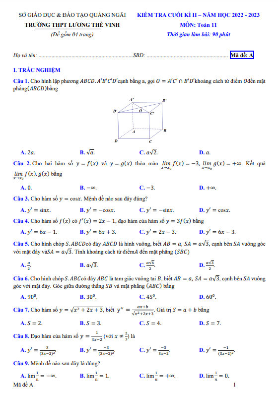 Đề cuối kì 2 Toán 11 năm 2022 – 2023 trường THPT Lương Thế Vinh – Quảng Ngãi