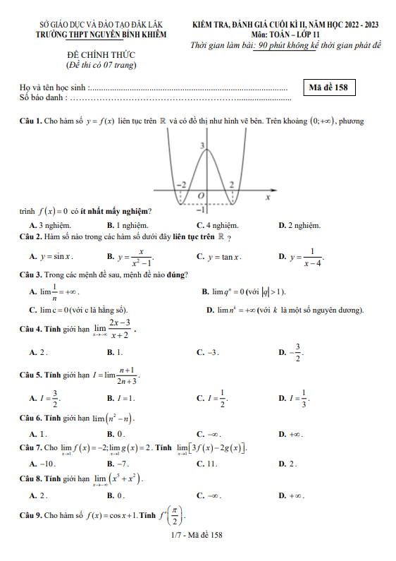 Đề cuối kì 2 Toán 11 năm 2022 – 2023 trường THPT Nguyễn Bỉnh Khiêm – Đắk Lắk