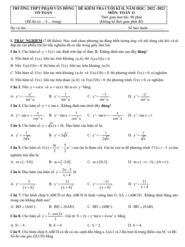 Đề cuối kì 2 Toán 11 năm 2022 – 2023 trường THPT Phạm Văn Đồng – Khánh Hòa