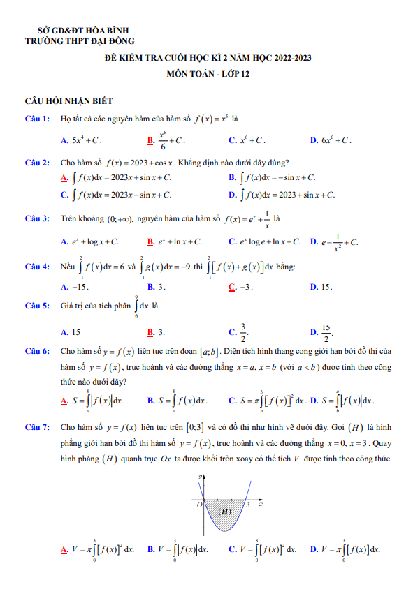 Đề cuối kì 2 Toán 12 năm 2022 – 2023 trường THPT Đại Đồng – Hòa Bình