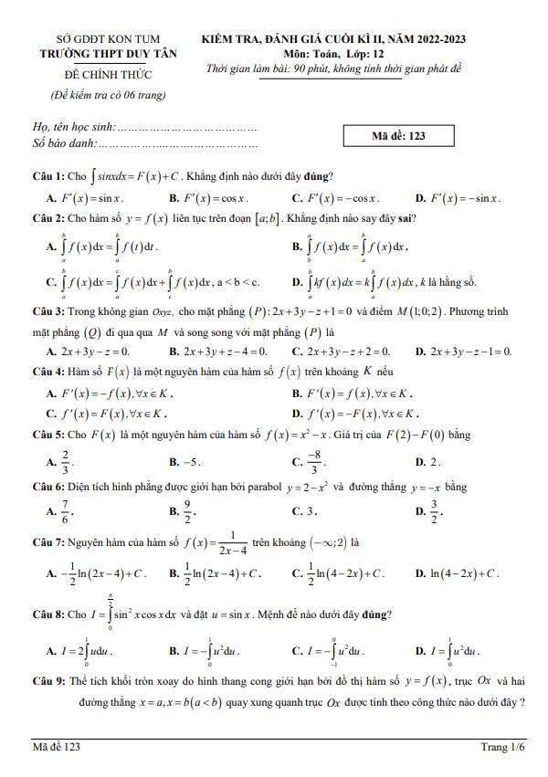 Đề cuối kì 2 Toán 12 năm 2022 – 2023 trường THPT Duy Tân – Kon Tum