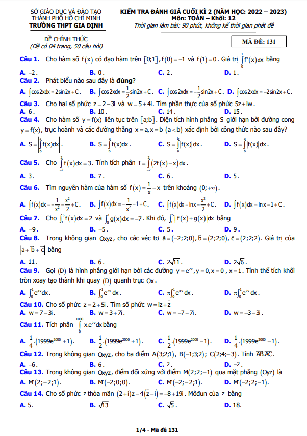 Đề cuối kì 2 Toán 12 năm 2022 – 2023 trường THPT Gia Định – TP HCM