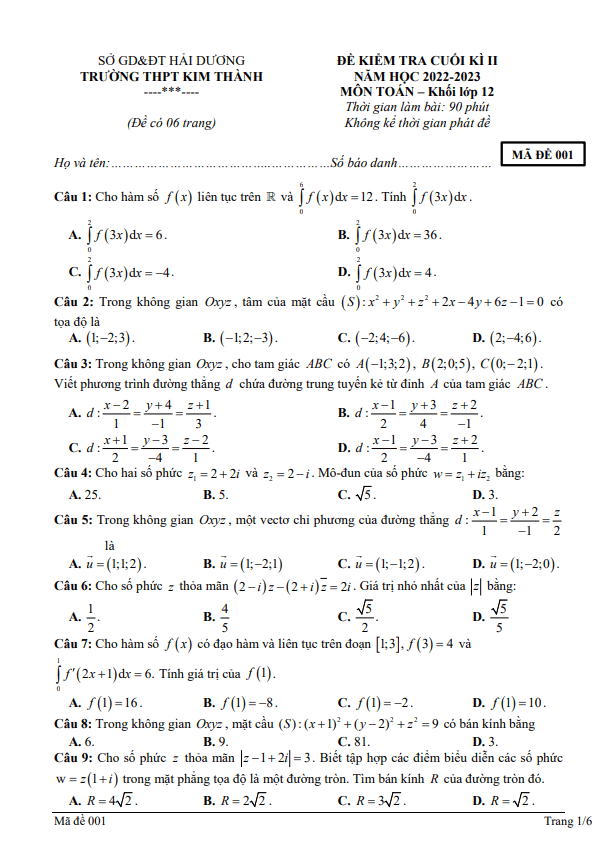 Đề cuối kì 2 Toán 12 năm 2022 – 2023 trường THPT Kim Thành – Hải Dương