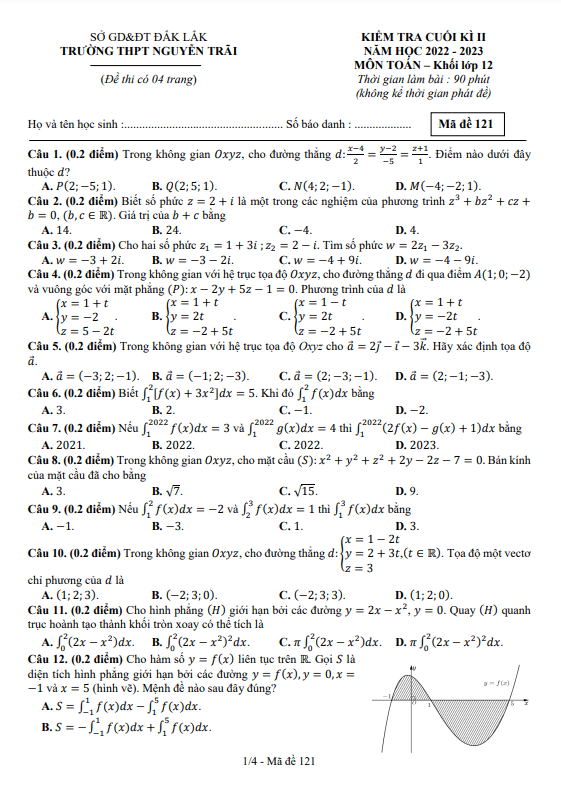 Đề cuối kì 2 Toán 12 năm 2022 – 2023 trường THPT Nguyễn Trãi – Đắk Lắk