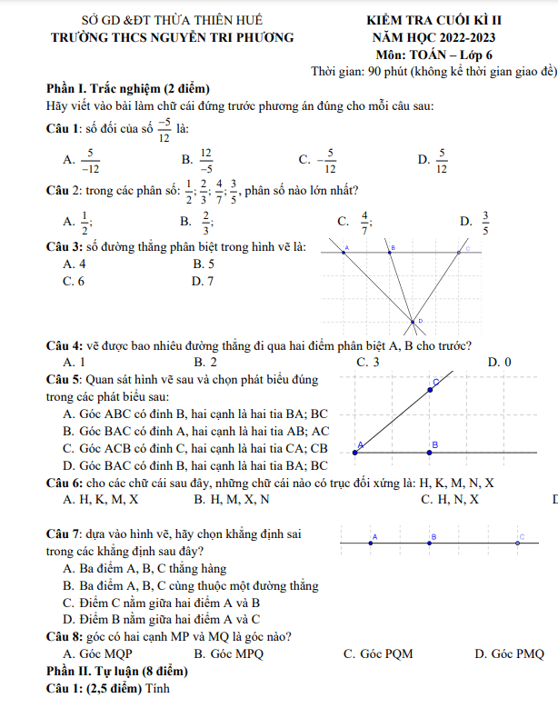 Đề cuối kì 2 Toán 6 năm 2022 – 2023 trường THCS Nguyễn Tri Phương – TT Huế