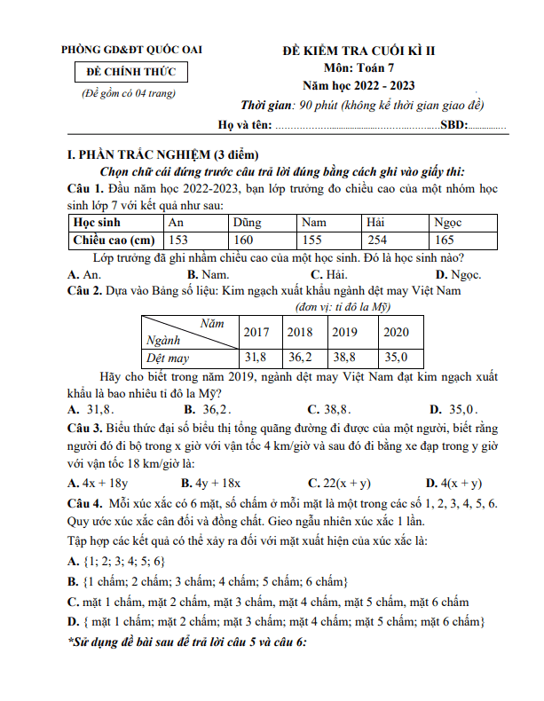 Đề cuối kì 2 Toán 7 năm 2022 – 2023 phòng GD&ĐT Quốc Oai – Hà Nội