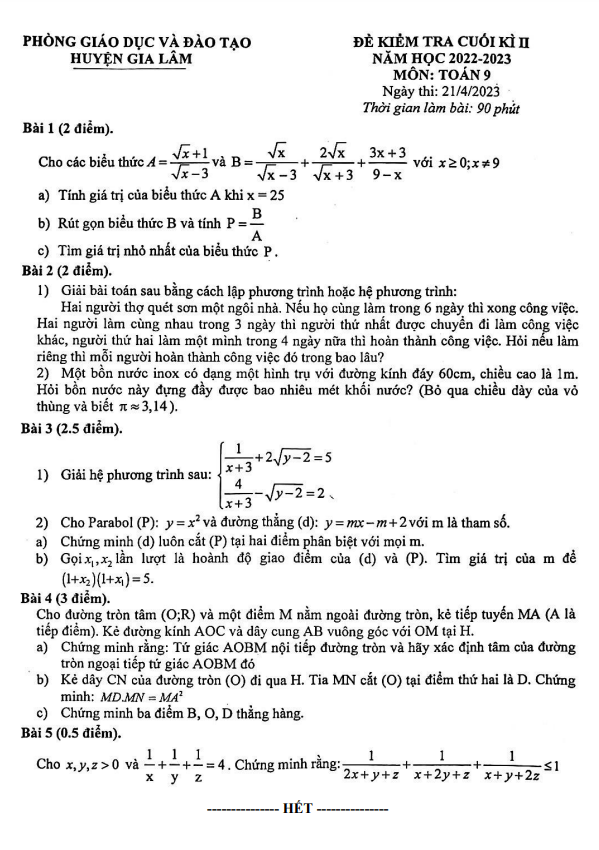 Đề cuối kì 2 Toán 9 năm 2022 – 2023 phòng GD&ĐT Gia Lâm – Hà Nội