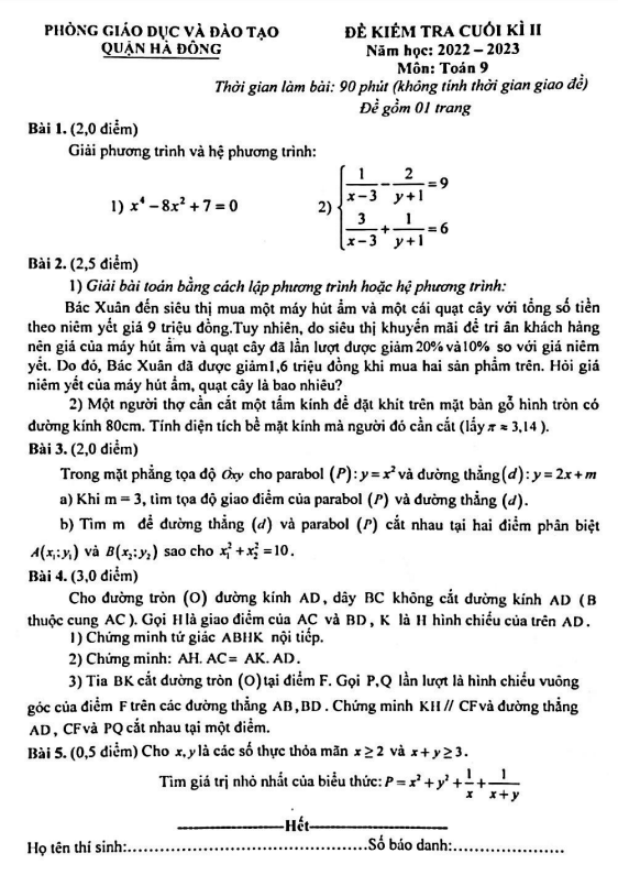 Đề cuối kì 2 Toán 9 năm 2022 – 2023 phòng GD&ĐT Hà Đông – Hà Nội