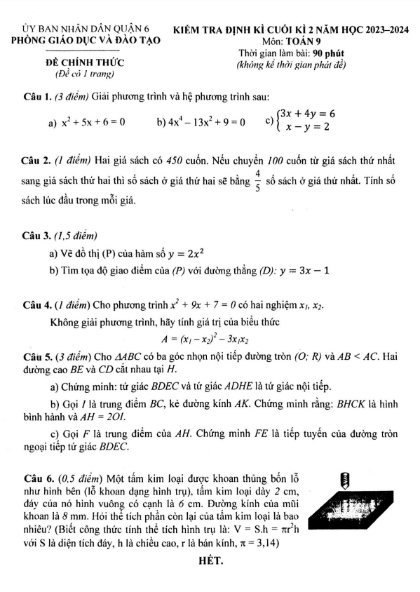 Đề cuối kì 2 Toán 9 năm 2023 – 2024 phòng GD&ĐT quận 6 – TP HCM