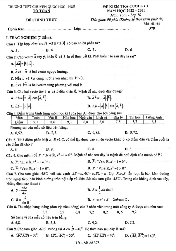 Đề cuối kỳ 1 Toán 10 năm 2022 – 2023 trường THPT chuyên Quốc học Huế