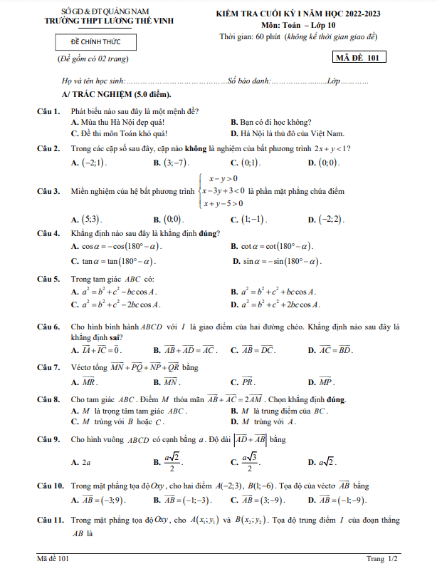 Đề cuối kỳ 1 Toán 10 năm 2022 – 2023 trường THPT Lương Thế Vinh – Quảng Nam
