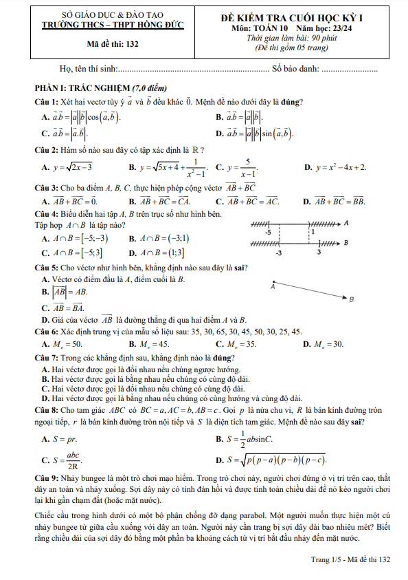 Đề cuối kỳ 1 Toán 10 năm 2023 – 2024 trường THCS – THPT Hồng Đức – TP HCM