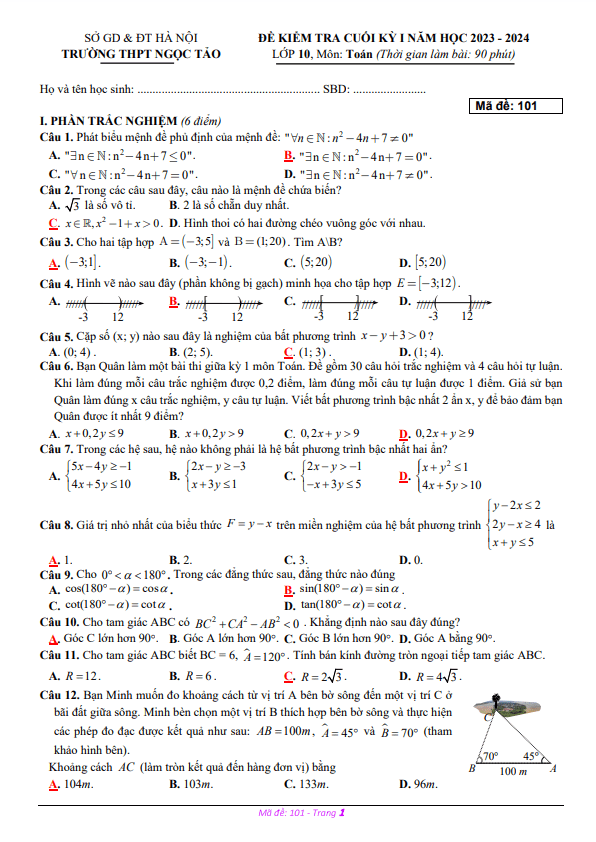 Đề cuối kỳ 1 Toán 10 năm 2023 – 2024 trường THPT Ngọc Tảo – Hà Nội
