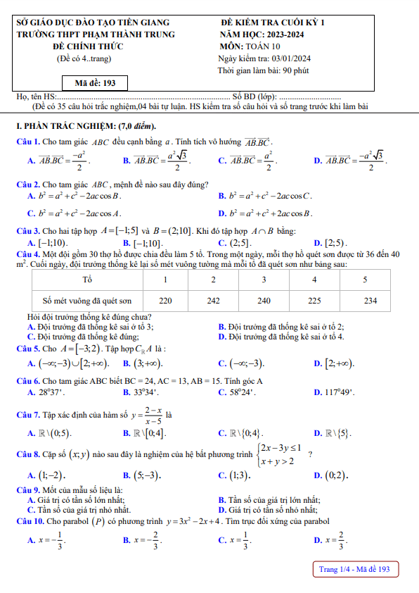 Đề cuối kỳ 1 Toán 10 năm 2023 – 2024 trường THPT Phạm Thành Trung – Tiền Giang