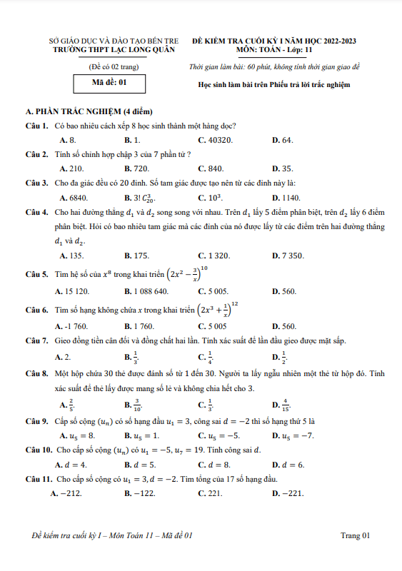 Đề cuối kỳ 1 Toán 11 năm 2022 – 2023 trường Lạc Long Quân – Bến Tre