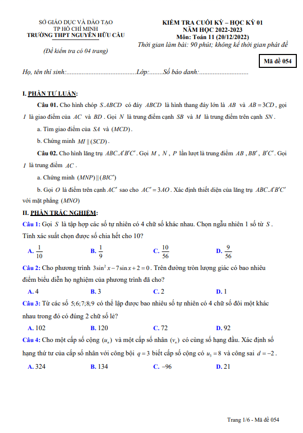 Đề cuối kỳ 1 Toán 11 năm 2022 – 2023 trường THPT Nguyễn Hữu Cầu – TP HCM