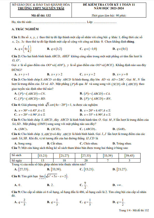 Đề cuối kỳ 1 Toán 11 năm 2023 – 2024 trường THPT Nguyễn Trãi – Khánh Hòa
