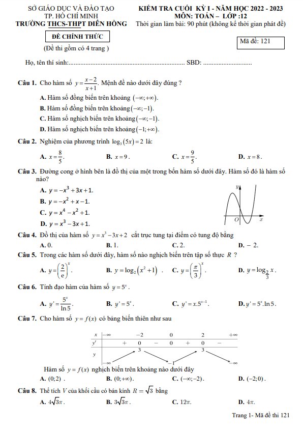 Đề cuối kỳ 1 Toán 12 năm 2022 – 2023 trường THCS-THPT Diên Hồng – TP HCM