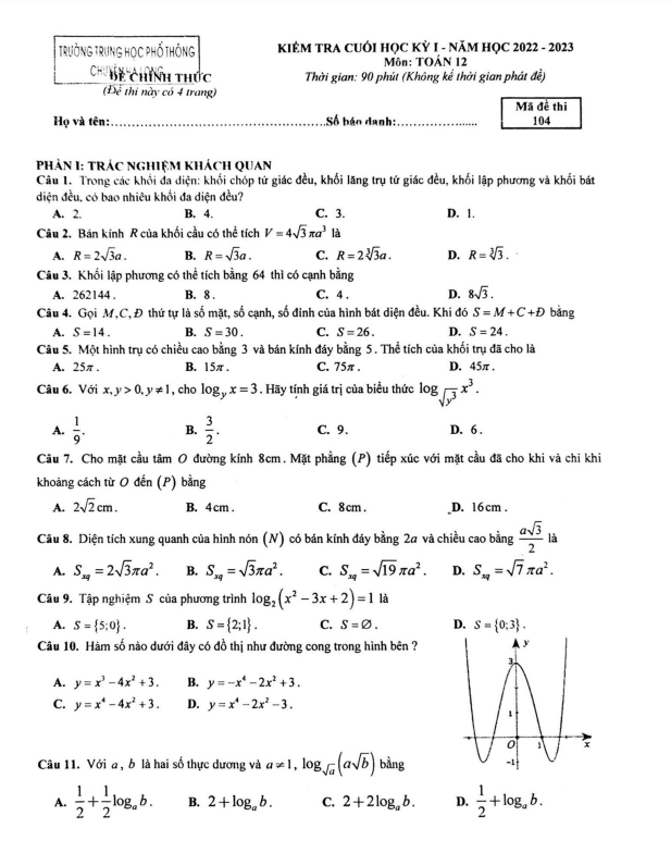 Đề cuối kỳ 1 Toán 12 năm 2022 – 2023 trường THPT chuyên Hạ Long – Quảng Ninh