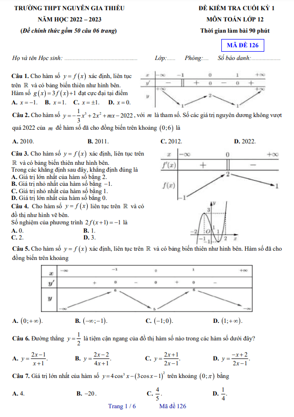 Đề cuối kỳ 1 Toán 12 năm 2022 – 2023 trường THPT Nguyễn Gia Thiều – Hà Nội