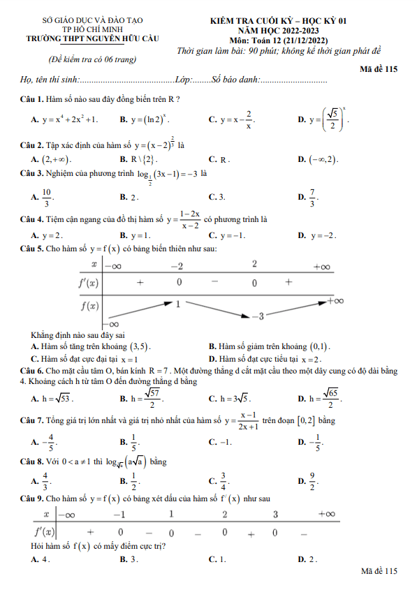 Đề cuối kỳ 1 Toán 12 năm 2022 – 2023 trường THPT Nguyễn Hữu Cầu – TP HCM